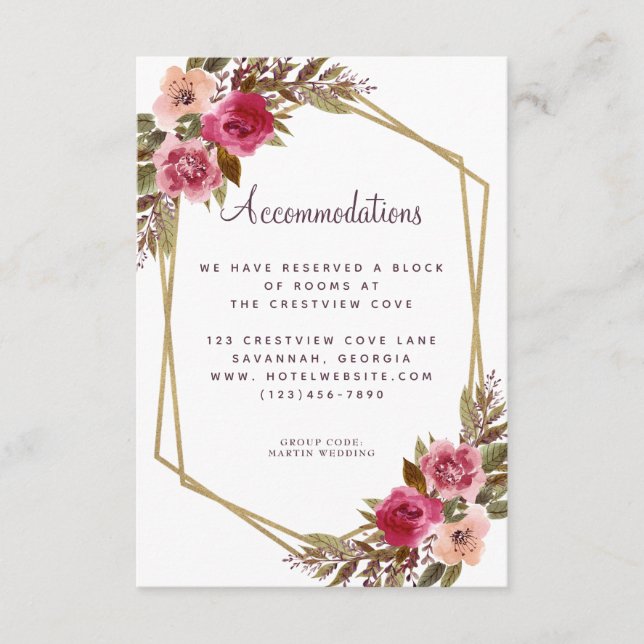 Accommodations Floral Gold Wedding Detail Purple Enclosure Card (Front)