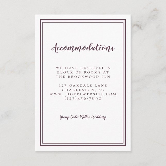 Accommodations Simple Purple Wedding Minimalist Enclosure Card (Front)