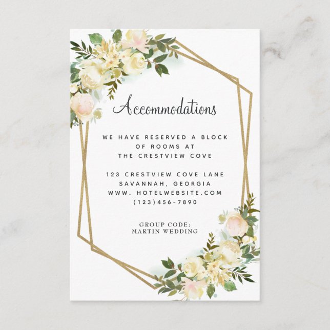 Accommodations Wedding Details Floral Gold White Enclosure Card (Front)