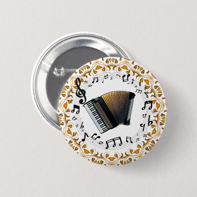 Accordion design in elegant black and gold 6 cm round badge (Front & Back)