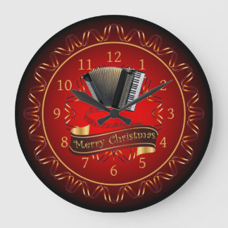 Accordion ~ Merry Christmas ~ Maroon & Black ~ Large Clock