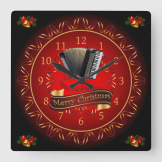 Accordion ~ Merry Christmas ~ Maroon & Black ~ Square Wall Clock