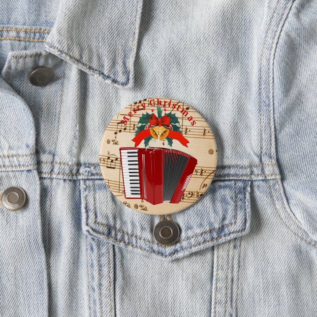 Accordion Music, Christmas Design, 7.5 Cm Round Badge (In Situ)