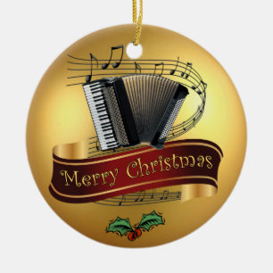 Accordion ~ Musical Scroll ~ Gold Merry Christmas~ Ceramic Tree Decoration