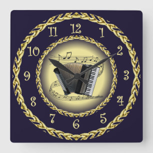 Accordion ~ Musical Scroll ~ Gold/Navy Blue ~ Square Wall Clock