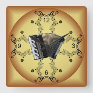 Accordion ~ Musical Scroll ~ Golden Background ~ Square Wall Clock