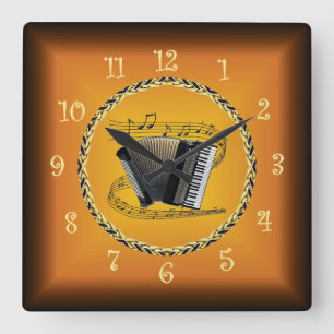 Accordion On Musical Scroll & Russet Orange ~ Square Wall Clock