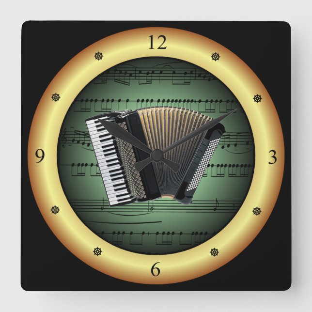 Accordion on Sheet Music~Green on Gold Background~ Square Wall Clock (Front)