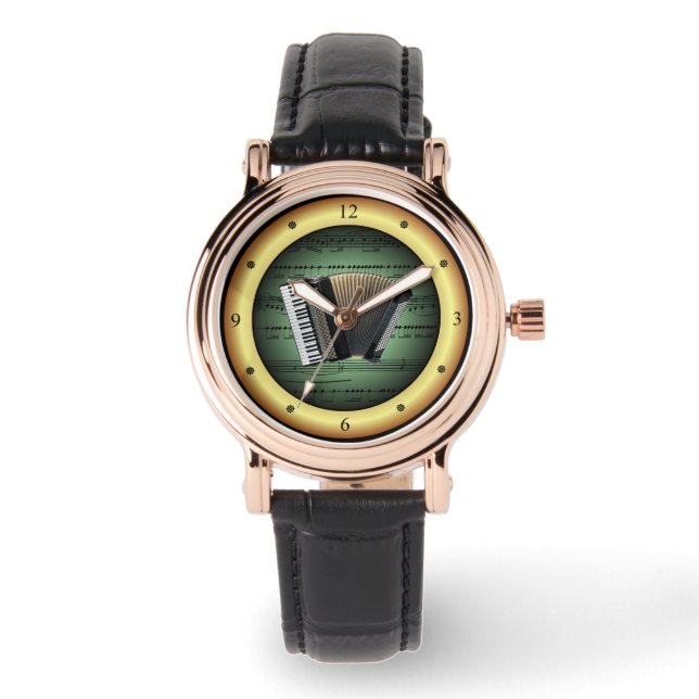 Accordion on Sheet Music~Green on Gold Background~ Watch (Front)