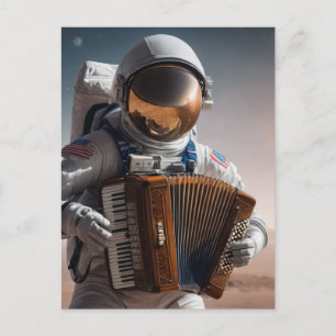 accordion playing astronaut postcard