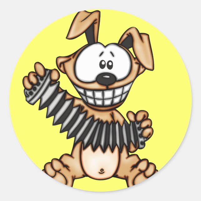 Accordion Playing Cartoon Dog Classic Round Sticker (Front)