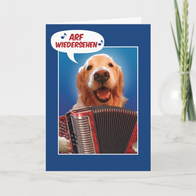 Accordion-Playing Golden Retriever Arf Wiedersehen Card (Front)