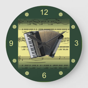 Accordion~Rolled Sheet Music~Gold/Green Background Large Clock