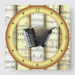 Accordion ~ Rolled Sheet Music ~ Gold Ring ~ * ~ Square Wall Clock