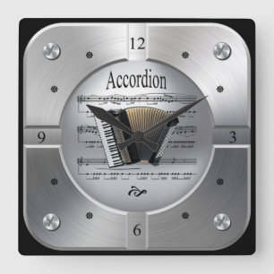 Accordion ~ Sheet Music ~ Brushed Silver Color ~ Square Wall Clock