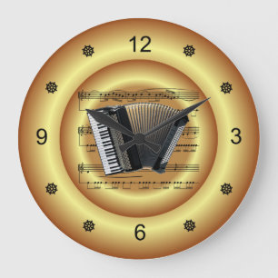 ~ Accordion~  Sheet Music ~ Gold Background ~  Large Clock