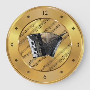 Accordion~Sheet Music~Gold Background~Unique~ Large Clock