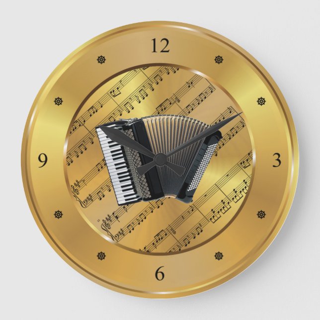Accordion~Sheet Music~Gold Background~Unique~ Large Clock (Front)