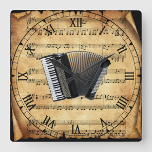 Accordion~Vintage Sheet Music Background~Unique ~ Square Wall Clock