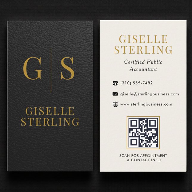 Accountant CPA Faux Leather Black Gold QR Code Business Card (Creator Uploaded)