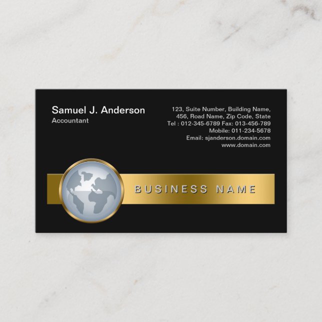 Accountant Finance Services Gold Stripe Globe Icon Business Card (Front)