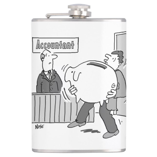 Accountant has a Client with Giant Piggy Bank Hip Flask (Front)