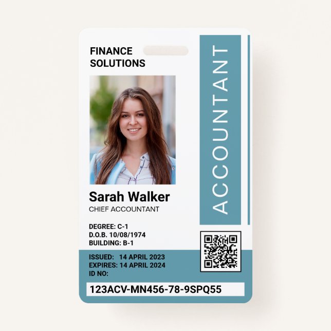 Accountant ID with photo office worker blue ID Badge (Front)