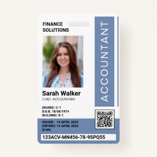 Accountant ID with photo office worker dusty blue ID Badge