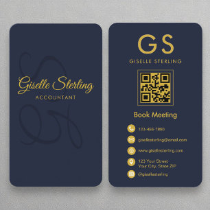 Accountant Navy Blue Gold QR Code Monogram Business Card