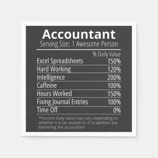 Accountant Nutrition Fact, Nutrition Facts Napkin (Front)