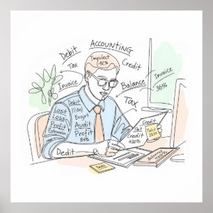 accountant, one line art, text and little color poster