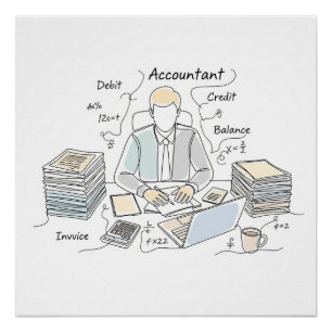 accountant, one line art, text and little colour poster