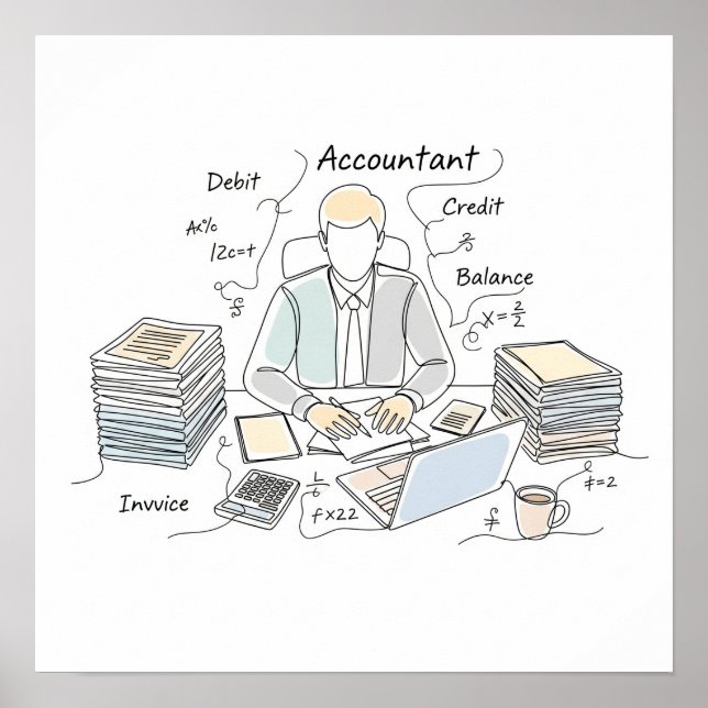 accountant, one line art, text and little colour poster (Front)