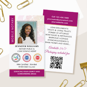 Accreditation Notary Public Photo QR Code Magenta Business Card