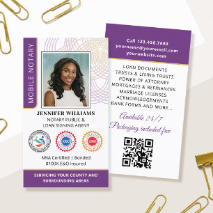 Accreditation Notary Public Photo QR Code Purple Business Card