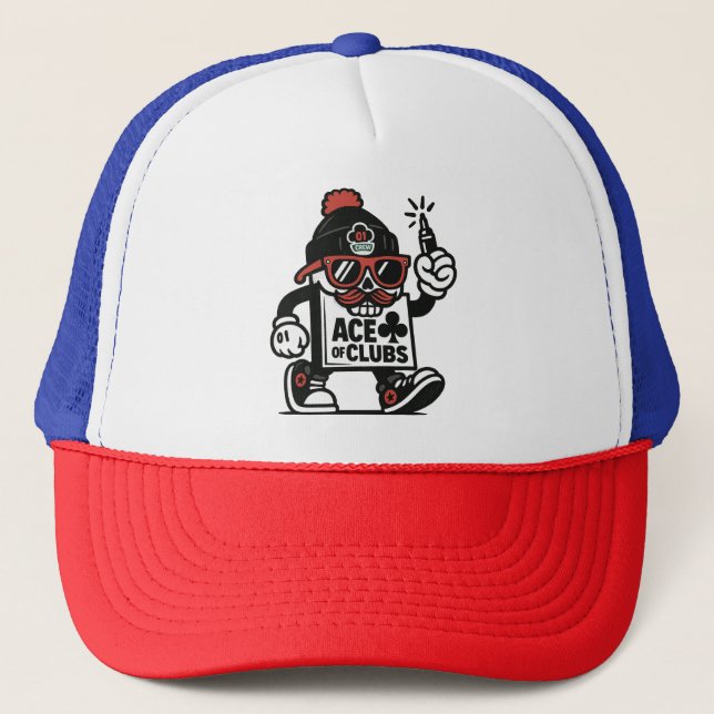 Ace of Clubs Street Mascot — Poker Grind Crew Trucker Hat (Front)