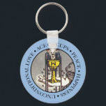 Ace of Cups with Text Key Ring<br><div class="desc">An image of a hand appearing from the clouds holding a cup. The streams of water overflowing the brim are said to symbolise the five senses. Above a dove holding a wafer, below the water is covered with lotus blossoms. The Ace of Cups represents peace, happiness and unconditional love. This...</div>