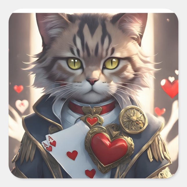 Ace of Hearts Cat Square Sticker (Front)