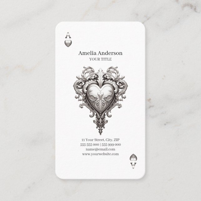 Ace Of Hearts Silver Baroque Business Card (Front)