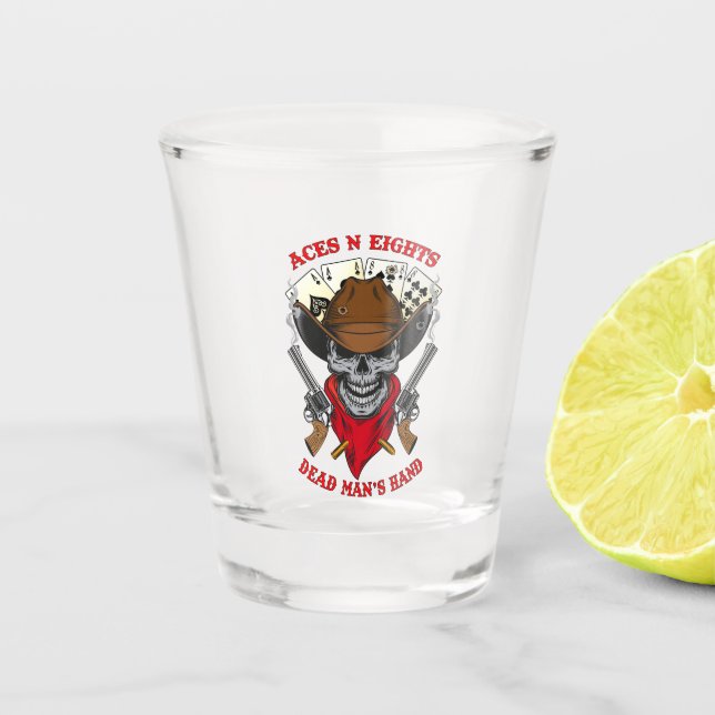 Aces N Eights Dead Man's Hand Cowboy Skull Shot Glass (Front)
