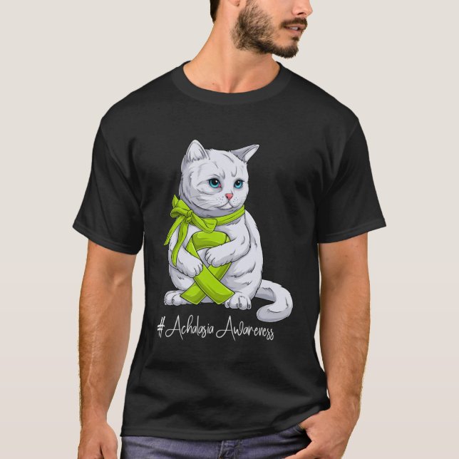 Achalasia Awareness Month Lime Green Ribbon Cat T-Shirt (Front)