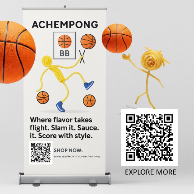 Achempong BB — Spaghetti Slam: The Playful Shot Retractable Banner (A spaghetti-powered baller takes the shot! Slam dunk your B Ball space with whimsical court energy.)