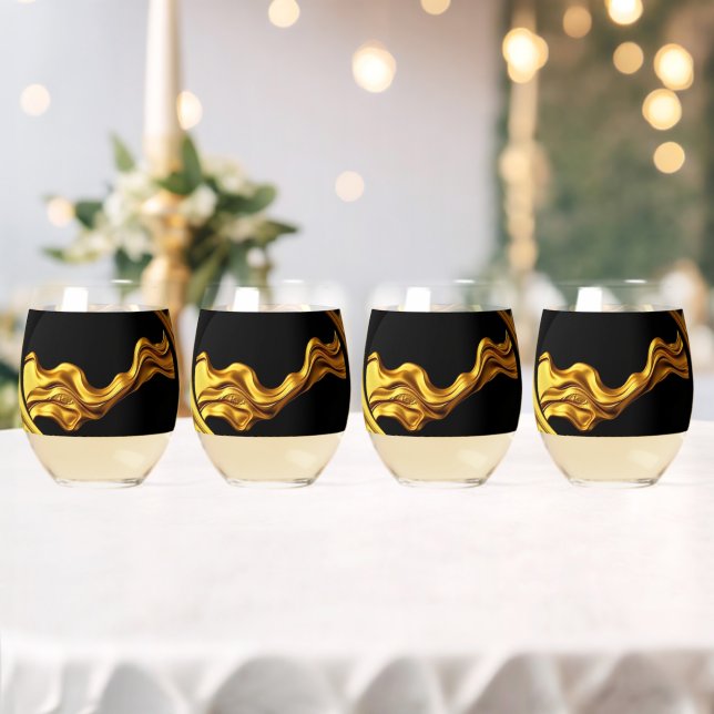 Achempong Opulent Swirl Liquid Gold Black Monocrom Stemless Wine Glass (Insitu (Wedding))