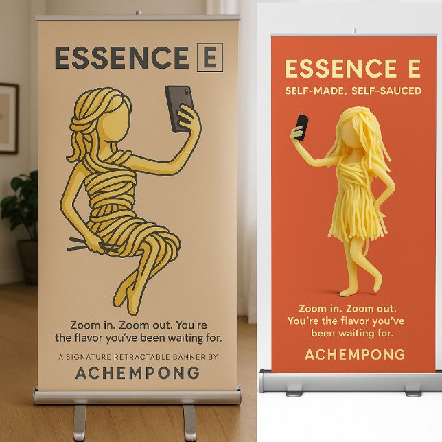 Achempong Presents: Essence E – Self-Made & Sauced Retractable Banner (Spaghetti-wrapped boldness meets selfie-era flavor in this iconic banner from Achempong.)