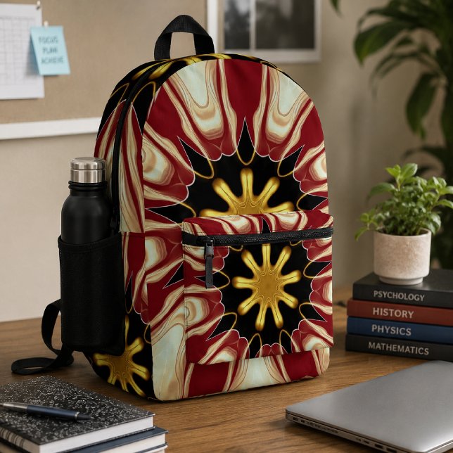Achempong: Starburst  | Deep Crimson & Gold Luxury Printed Backpack (Bold crimson and gold starburst backpack designed for style, study, travel, and everyday use.)