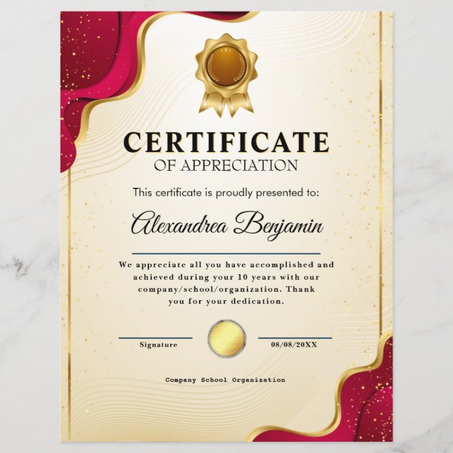 Achievement Appreciate Gold Blue Certificate (Front)