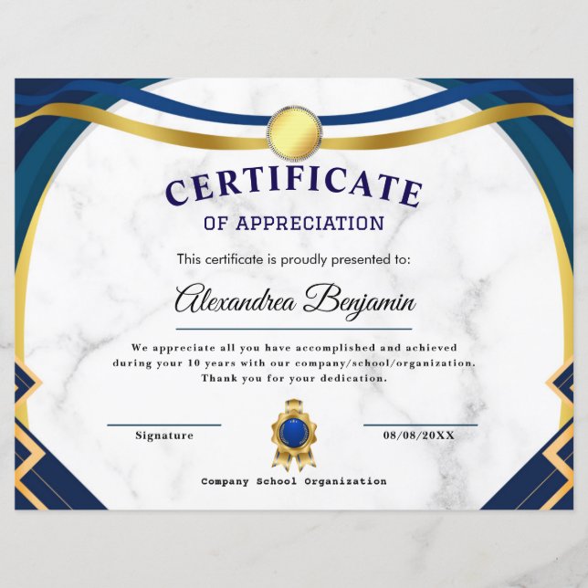 Achievement Appreciate Gold Blue Certificate (Front)