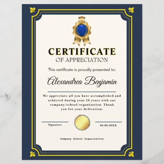 Achievement Appreciate Gold Blue Certificate (Front)