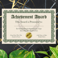 Achievement Award Certificate, Customisable
