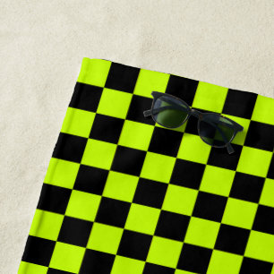 Acid green black checkerboard pattern beach towel